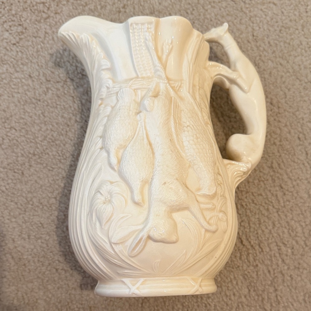 Artisan Cream Ceramic Vase with Hunting Motif Greyhound Handle